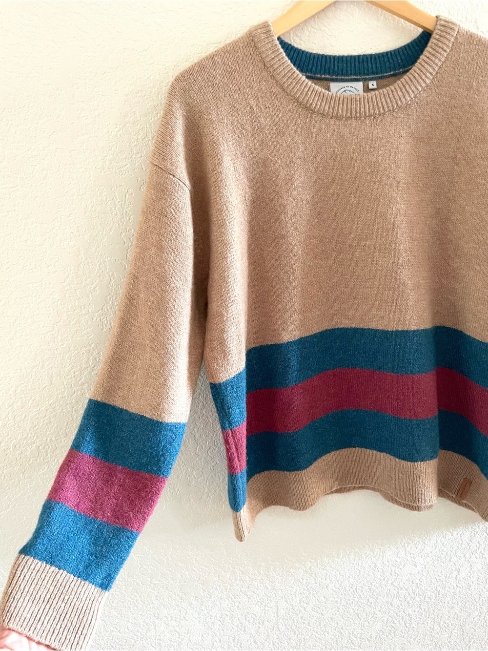 Passenger Colorblock Crewneck Stripe Sweater Tan Sz Small Gorpcore Grandpa Cozy - Picture 3 of 11